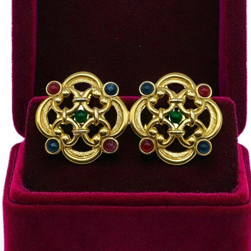 Vintage Trifari Alfred Philippe Gold Tone ‘Jewels of India’ Revival Earrings EUC